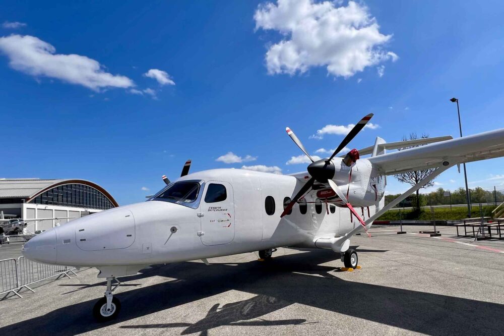 Cessna's high-wing SkyCourier is powered by a pair of Pratt & Whiotney PT6A-65SC turboprop engines and is intended for cargo and/or passenger use. It can take three LD3 shipping containers or up to 19 pax, and. cruises at 200kt