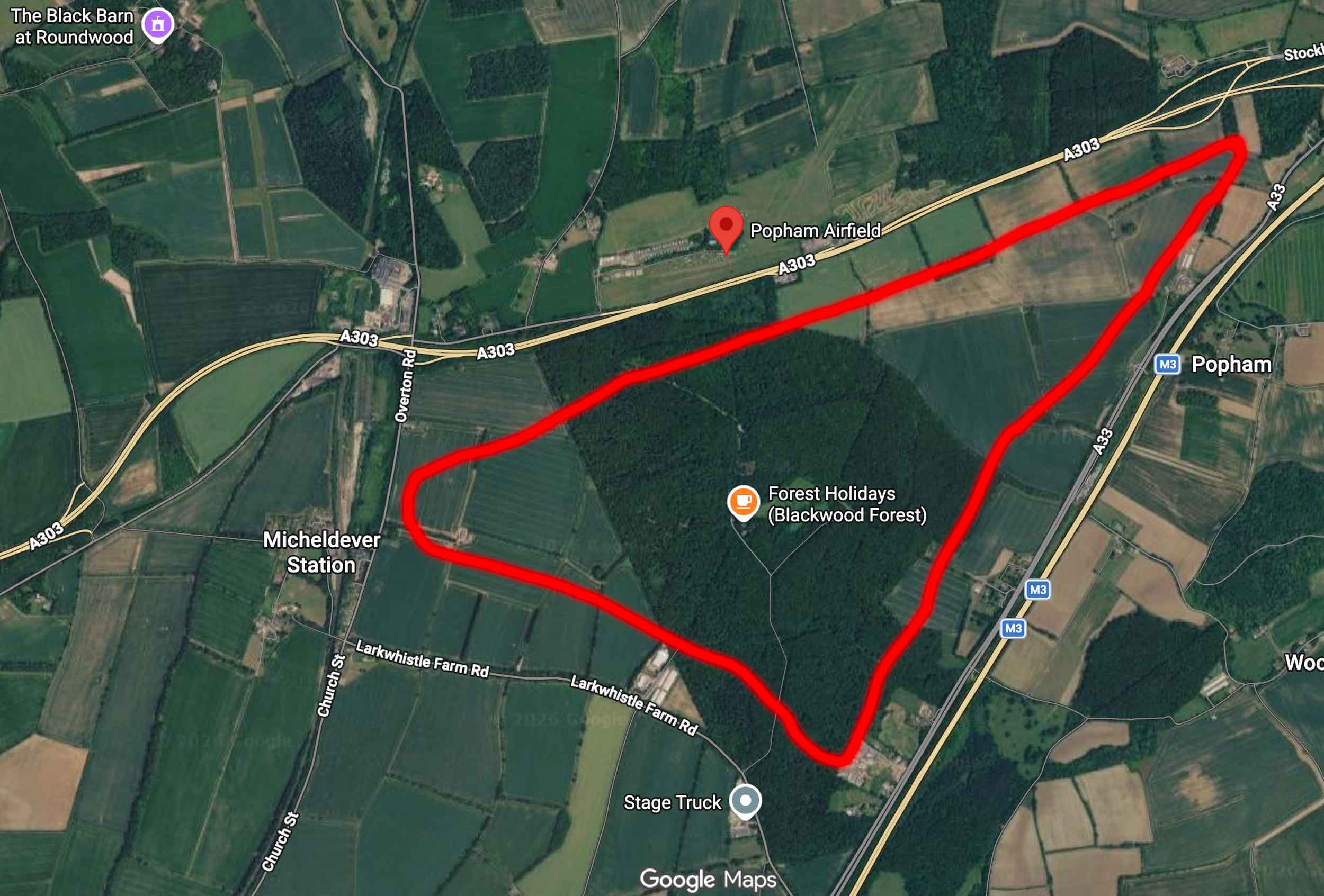 Red outline shows approx area of the Popham Logistics Park