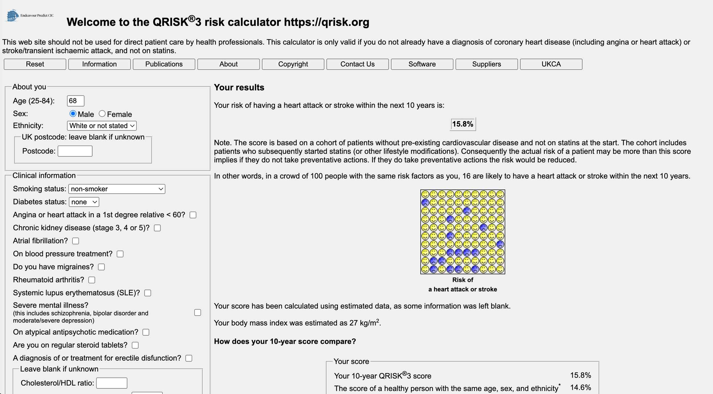 The online QRISK3 calculator shows the risk of a cardiac event in the next ten years. Here, a 68-year-old pilot with no complications has a risk of 15.8% - which exceeds the CAA's limit of 15% for a Class 2 medical. Add in other factors such as blood pressure treatment, or slightly high cholesterol level and the risk is higher. Find the QRISK3 calculator here: https://qrisk.org/index.php
