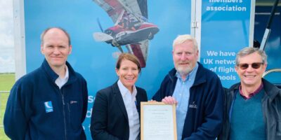 Geoff Weighell with Rachel Gardner-Poole, Head of the CAA’s General Aviation Unit in 2019, when the BMAA won the ability to issue pilot licences. Photo: BMAA